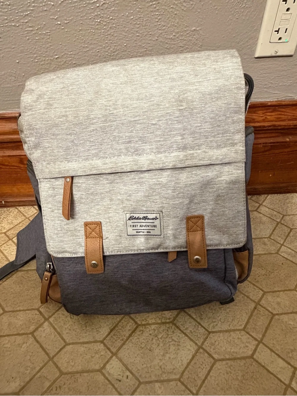 Eddie Bauer Two-Tone Gray & Navy Canvas Backpack with Tan Accents